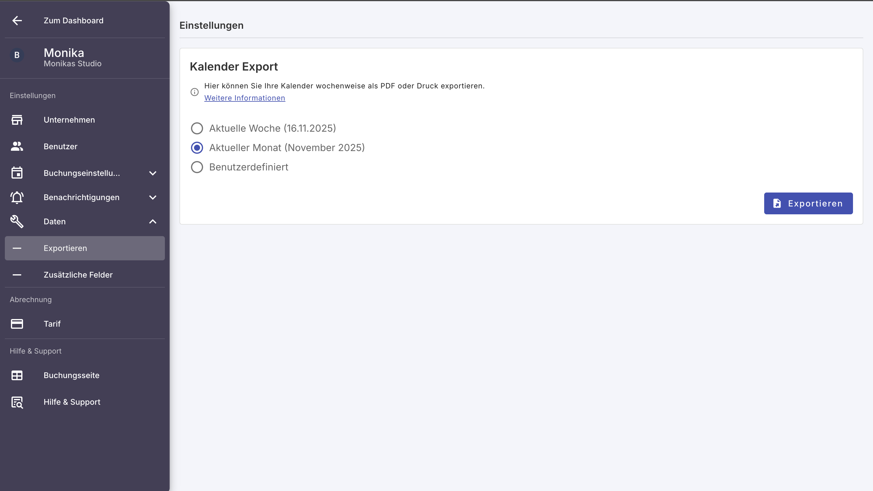 Export Einstellungen