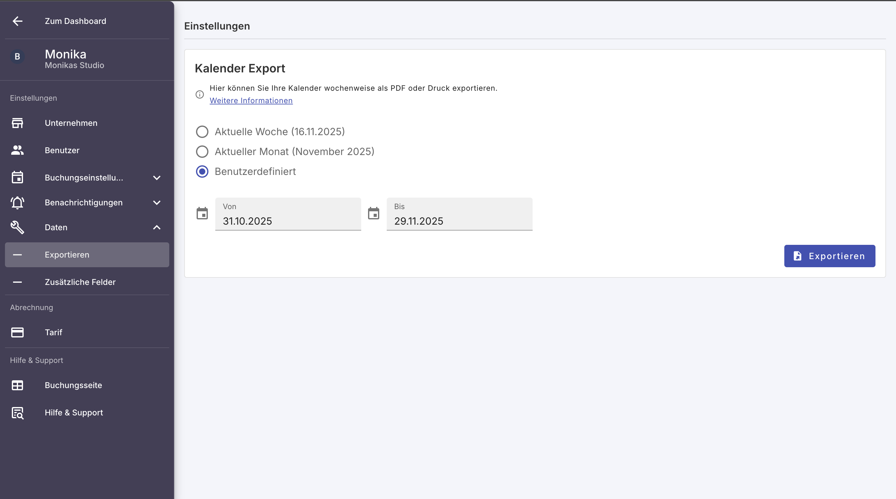 Export benutzerdefiniert